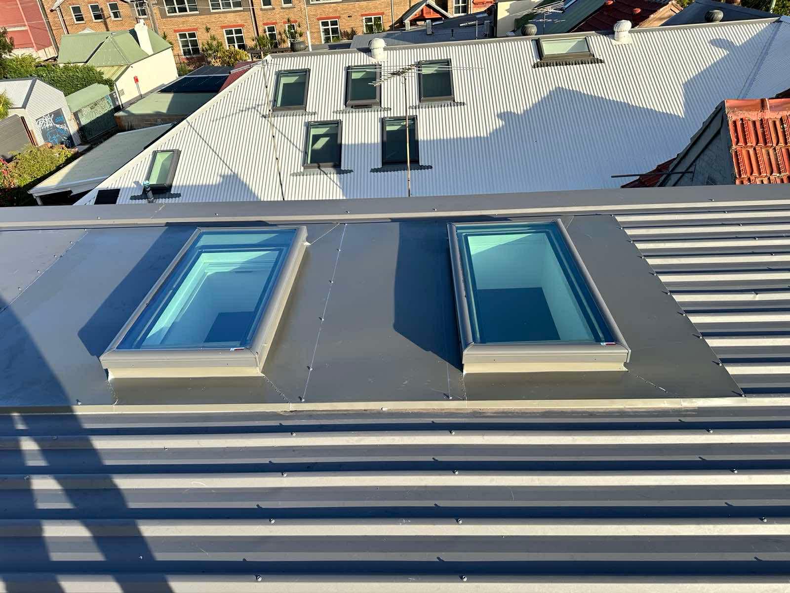 Dual skylight installation on metal roof Sydney